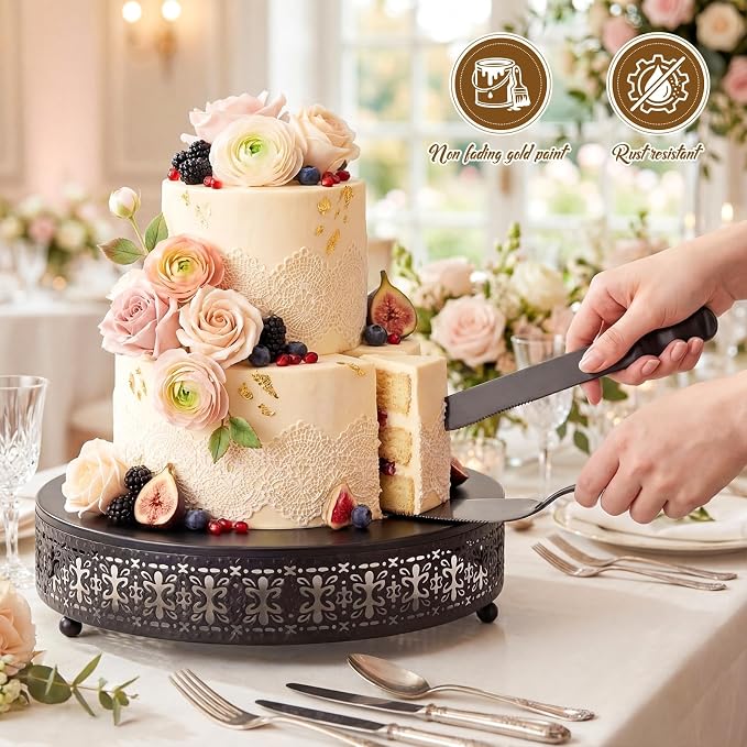 Wenqik Black Cake Stand 12 Inch Metal Round Wedding Cake Stand with Cutting & Spatula Cupcake Dessert Cookies Display Holder Fruit Serving Tray for Wedding Birthday Anniversary Party