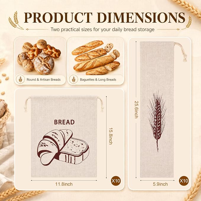 20 Pcs Linen Bread Bags for Homemade Sourdough, 15.8 x 11.8 Inch 25.6 x 5.9 Inch Reusable Bread Storage Pouches with Drawstring, Unbleached Cloth Sack for Artisan Loaf, Bakery Kitchen Gif