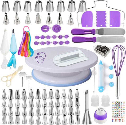 Cake Decorating Supplies Kit for Beginners, Set of 137 | Revolving Cake Turntable, 2 Spatulas, 3 Icing Comb Scraper, Leveler, Piping Bags and Tips Set, 64 Piping Tips with Book