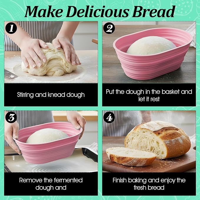 4 Pcs Silicone Bread Proofing Baskets, 10 Inch Oval Foldable Banneton Basket, Dough Proofing Bowls Containers Sourdough Baking Supplies with Non-Stick Surface
