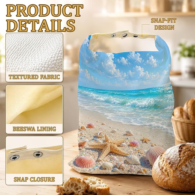 2 Pack Beeswax Linen Starfish Beach Bread Bags, Seashell Coast Reusable Fresh Keeping Bags for Sourdough & Baguette, Freezable Portable Bread Storage Container 17×13''
