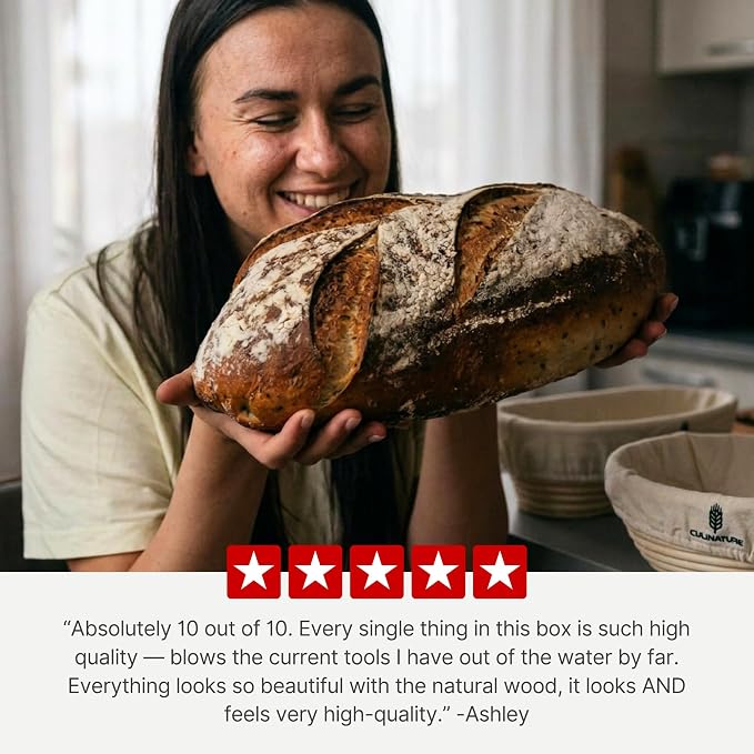 Complete Sourdough Starter Kit with Troubleshooting Cookbook, 2-Banneton Set:10" Round & Oval Grade-A Rattan Baskets,Mat, Sapele Tools Won’t Warp| Beginner‑Friendly Baking Supplies–Gift for Bakers