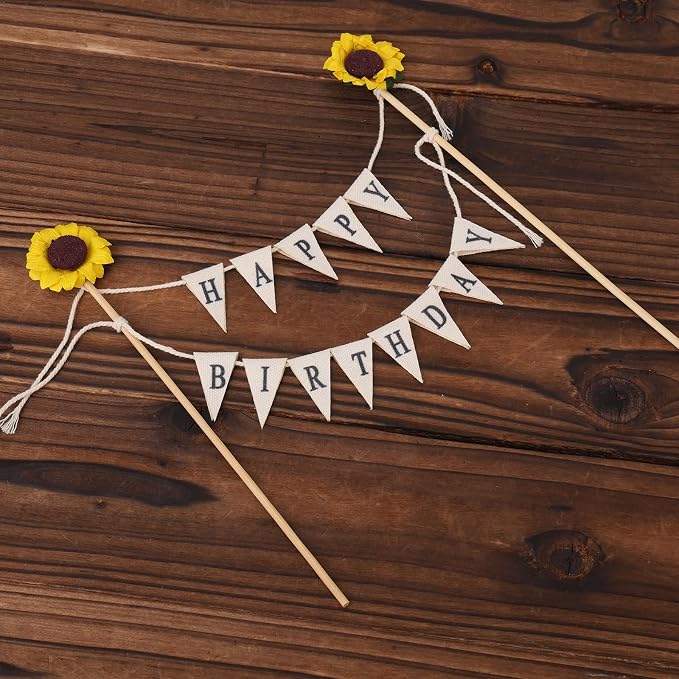 Happy Birthday Flag Banner Cake Topper, Handmade Pennant & Sunflower Garland Birthday Cake Flag Decoration for Party Decorations Supplies