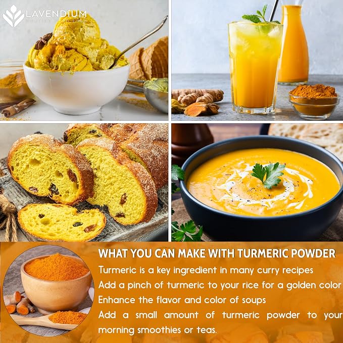Lavendium, Premium 20oz Turmeric Powder, 100% Natural & Pure Ground Turmeric Root, No Additives or Preservatives, Non-GMO, Plant-Based & Vegan, Perfect for Golden Milk, Curry, Soups & Smoothies