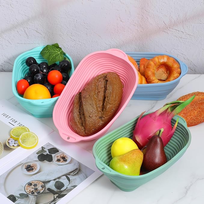 4 PCS 10 Inch Silicone Banneton Bread Proofing Baskets, Bread Proofing Bowl | Oval Sourdough Breads Baking Supplies with Double Ear Handles Foldable Oven Safe-BPA Free