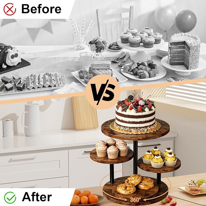 4 Tier Round Cupcake Tower Stand for 50 Cupcakes, 360° Rotating Large Wood Cake Stand with Tiered Trays Dessert Table Display Set Round Cookie Tiered Tray Stand for Wedding Birthday Graduation Party Tea Time