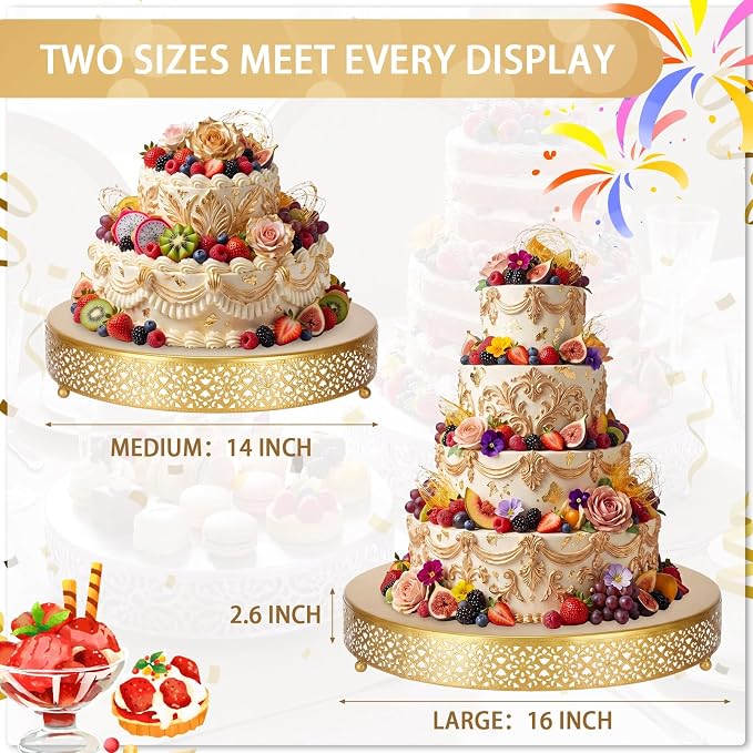 Wenqik 2 Pack Cake Stand Set, 14/16 Inch Metal Cupcake Dessert Stand Decorative Round Elegant Cake Display for Weddings Party Baby Showers Birthday Anniversary, Gold