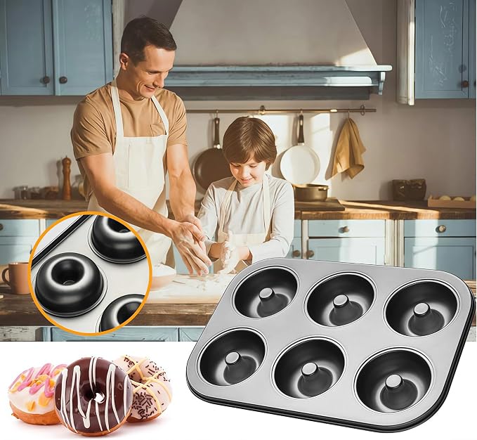 6-Cavity Donut Pan Molds Carbon Stee For Baking Pan, Nonstick & Dishwasher Safe 12.5 x 8.5” Doughnut Pan, Steel Donut Trays, Makes Perfect Bagels and Cake Donuts Cookies & Fondant