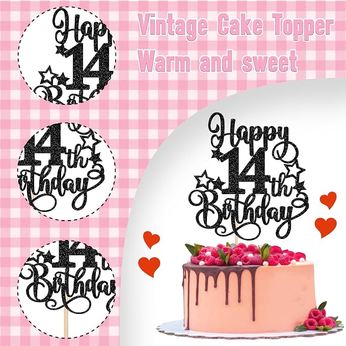 1 PCS Happy 14st Birthday Cake Topper Glitter Cheers to 14 Years Birthday Cake Pick Hello 14 Fabulous Cake Decoration for Happy 14st Birthday Anniversary Party Decorations Supplies Black