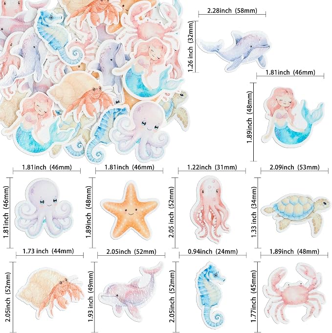 Gyufise 60Pcs Edible Mermaid Cupcake Toppers Octopus Seahorse Turtles Cupcake Picks Edible Under the Sea Party Decorations for Ocean Animal Theme Baby Shower Birthday Party Cake Decoration Supplies
