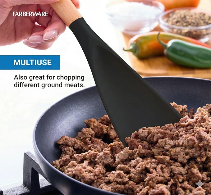Farberware Pro Spoonula with Beechwood Handle, Black Silicone Scraper Spoon for Mixing, Scraping, and Serving - Kitchen Utensil with Hang Hole for Easy Storage