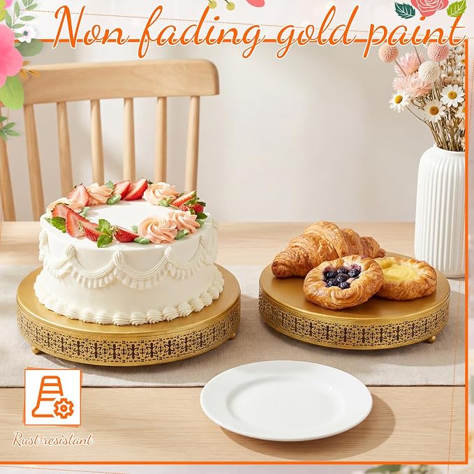 Wenqik 2 Pack Cake Stand Set, 14/16 Inch Metal Round Cupcake Dessert Stand Decorative Elegant Cake Display for Weddings Party Birthday Baby Showers Anniversary(Ornate Floral,Gold)