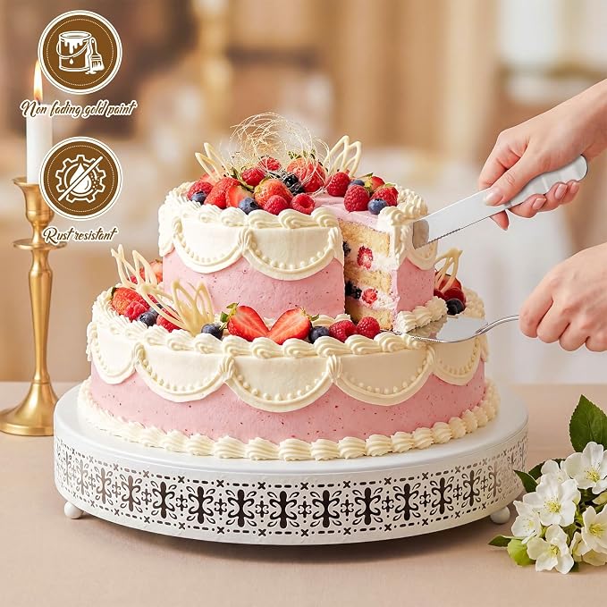Wenqik White Cake Stand 20 Inch Metal Round Cupcake Dessert Stand with Cake Cutting, Spatula Cookies Cupcake Pastry Display Candy Holder Fruit Serving Tray for Wedding Birthday Party