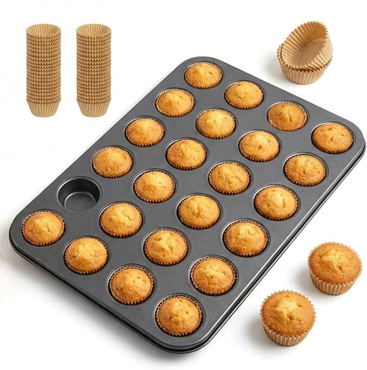 Artcochan 1 Pack Mini Muffin Pan with 200 Cupcake Liners for Baking, 24 Cup Nonstick Carbon Steel Cupcake Pan,Mini Muffin Tin for Baking Supplies