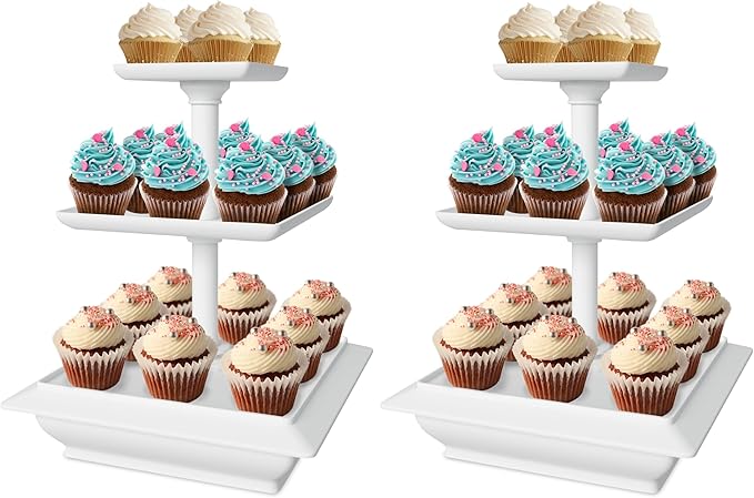 Chef Buddy 3-Tier Cupcake Stand - Square Display Stand for Birthday, Tea Party, Wedding, or Baby Showers - Dessert Table Display Set (White) (Pack of 2)