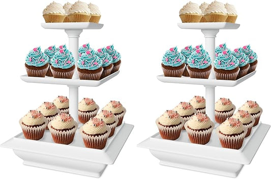 Chef Buddy 3-Tier Cupcake Stand - Square Display Stand for Birthday, Tea Party, Wedding, or Baby Showers - Dessert Table Display Set (White) (Pack of 2)