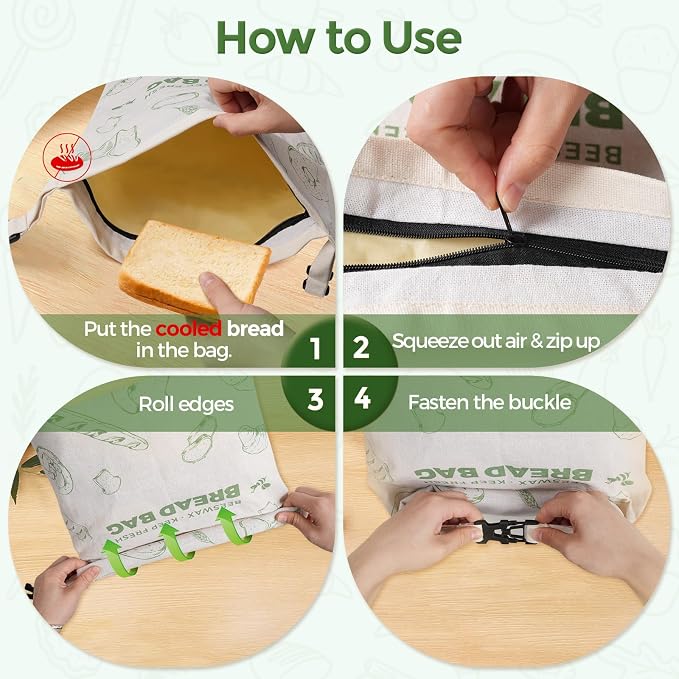 YARRAMATE Reusable Beeswax Bread Bags for Homemade Bread & Sourdough, 2 Pack XL 17x13in Linen Organic Bread Storage Bags with Zipper for Loaf, Baguette, Bagels and Sandwich Bread, Freezer Safe, Green