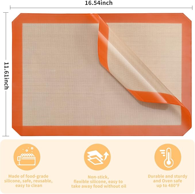 Luckyiren 2-Pack Silicone Baking Mats – Non-Stick Reusable BPA-Free Oven Liners, 100% Food-Grade Silicone, Fit Half Sheet Pans (16.54" x 11.62") for Cookies, Pastry & More