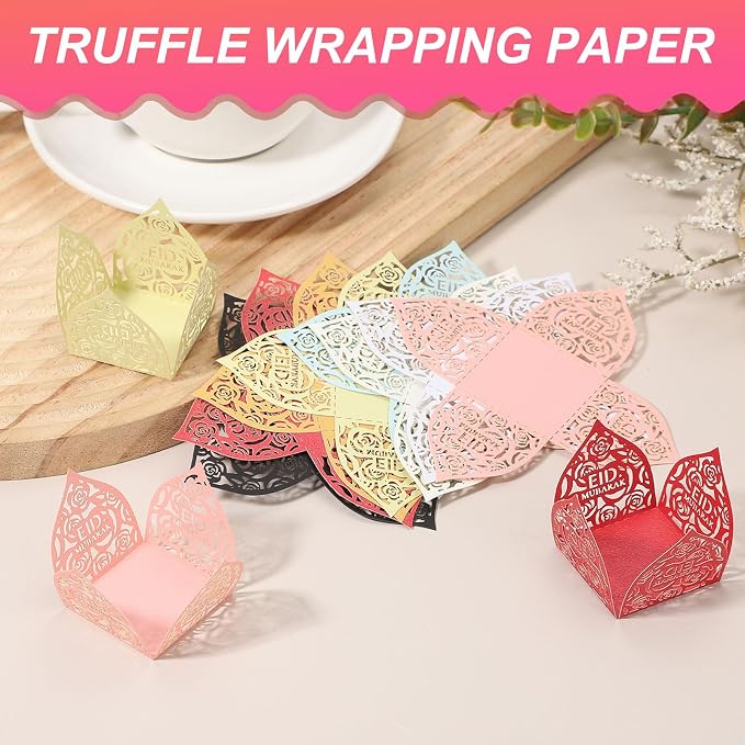uxcell 25 PCS Truffle Wrappers 0.43x0.43 Inch Square Cupcake Liners Baking Wrappers Hollow Out Paper Dessert Cups for Wedding Birthday Pink