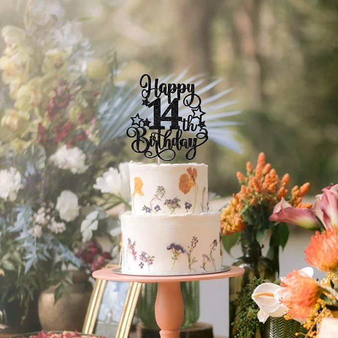 1 PCS Happy 14st Birthday Cake Topper Glitter Cheers to 14 Years Birthday Cake Pick Hello 14 Fabulous Cake Decoration for Happy 14st Birthday Anniversary Party Decorations Supplies Black