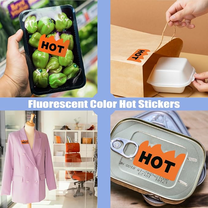 Hybsk 500pcs Rave Hot Stickers 2 x 1-1/5 Inch Fluorescent Hot Flame Fire Shape Labels Marking Items for Restauresent Supermarkets Stores Shops (Fluorescent Orange)