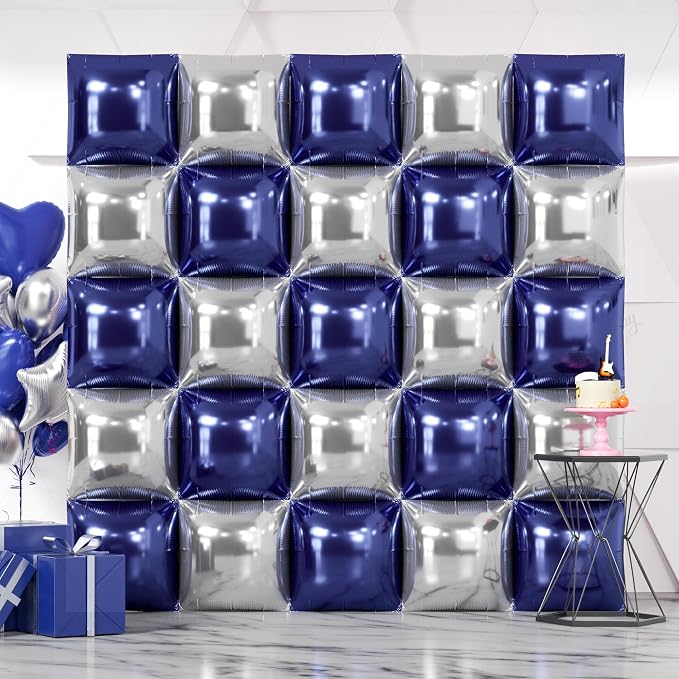 NISOCY 25PCS Blue Silver Square Foil Balloons Wall Backdrop Double Sided Navy Blue Silver Balloons Arch Kit for New Year Birthday Graduation Wedding Baby Bridal Shower Anniversary Party Decorations