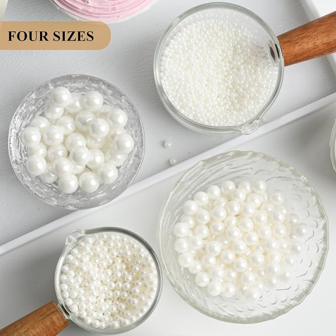 Homankit Edible White Pearl Sprinkles for Baking, 4 Sizes Mix Sugar Pearls Cake Decorations for Cupcake Toppers Cookie Decorating Birthday Party Wedding Valentines Christmas Supplies