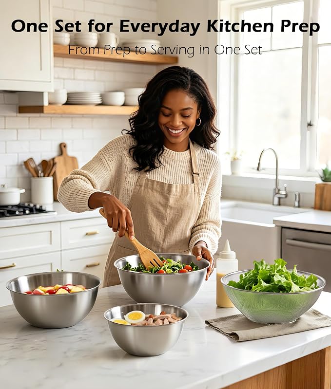 Stainless Steel Mixing Bowls Set of 4 with Colander, Nesting Metal Kitchen Bowls with Measurement Marks for Mixing, Prep, Salad & Baking, Dishwasher Safe