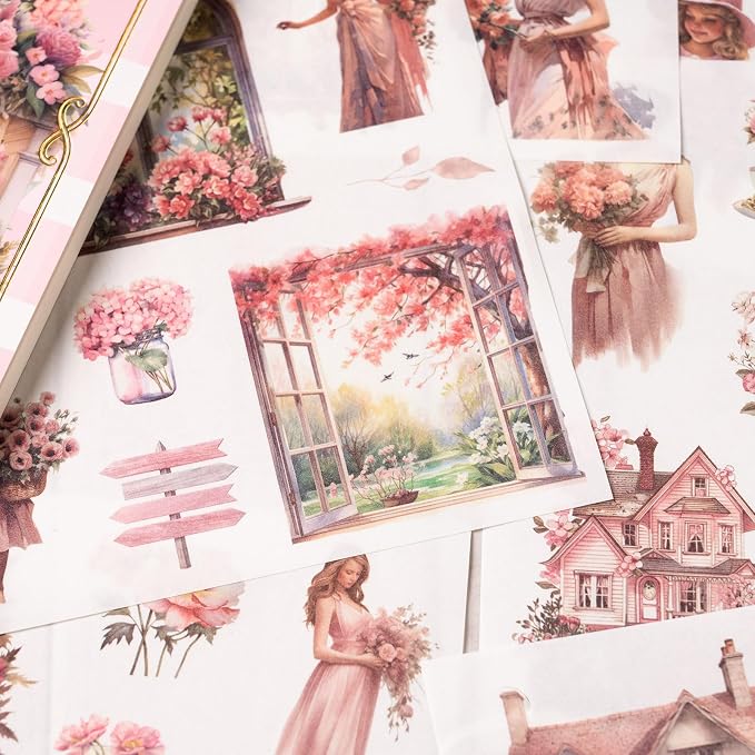 YagCu Garden Journaling Stickers, 50 Sheets Washi Junk Journal Sticker Book, Scrapbook Supplies, Watercolor Scrapbooking for Adults, Pink Decorative Ephemera Arts Craft