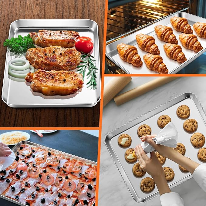 Quarter Sheet Pan with Cooling Rack, Leonyo 1/4 Cookie Sheets for Baking, Wire Rack for Cooking, Nonstick & Stainless Steel Baking Tray for Toaster Oven, Bacon - Size 12.5"x 9.7", 2 Trays + 2 Racks