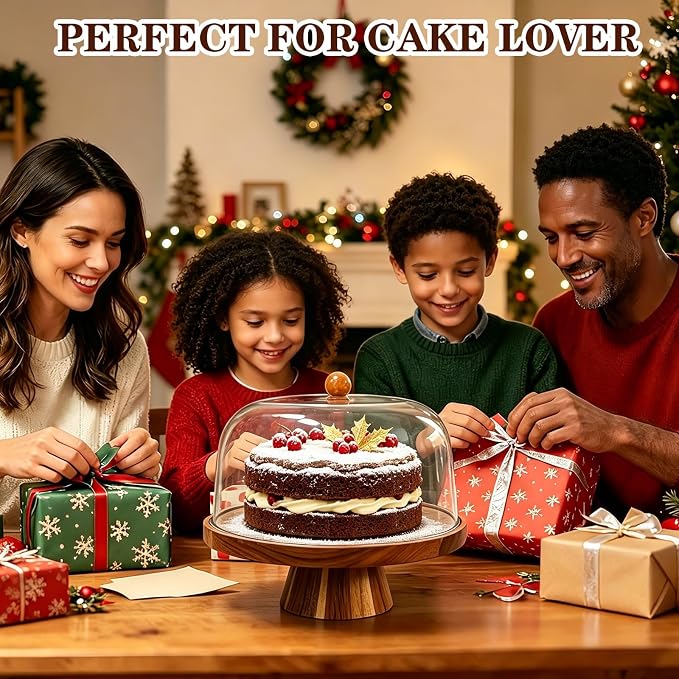 Acacia Wood Cake Stand with Lid, 11.42-inch Round Footed Display, 2-in-1 Reversible Design for Cupcakes, Charcuterie, Fruit Snacks, Weddings, Parties, Birthdays, Daily Home & Kitchen Decor