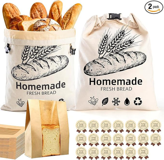 2 Pack Beeswax Bread Bags for Sourdough, XL Reusable Organic Linen Beeswax Bread Bag for Homemade Sourdough Food Storage Cloth Bag with 20 Paper Bread Bags, Freezer-Friendly Freshness Preservation