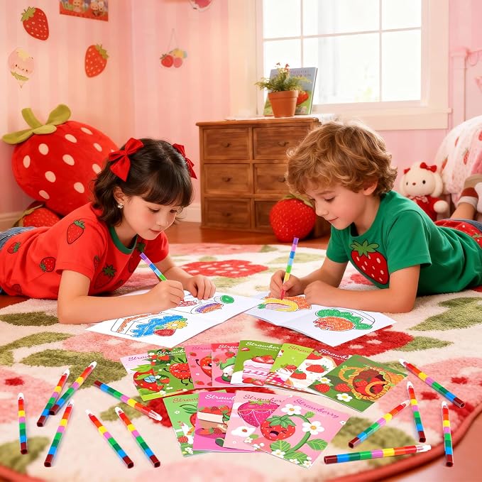 BenLouis 12 Strawberry Mini Coloring Books Kids with 12 Stacking Crayons Berry Party Favors Small Activity Books Bulk for Kids Girl Fruit First Party Gift Goodie Bag Stuffers