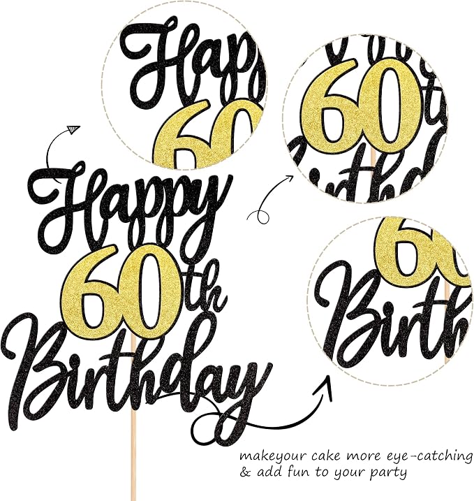 1 PCS Happy 60th Birthday Cake Topper Black Gold Glitter Cheers to 60 Years Birthday Cake Pick 60 Fabulous Cake Decoration for Happy 60th Birthday Anniversary Party Cake Decorations Supplies