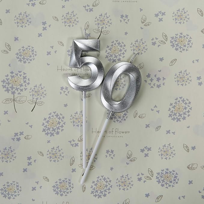 Silver 50th Birthday Candles, Number 50 Cake Topper for Men Birthday Decorations Party Decoration