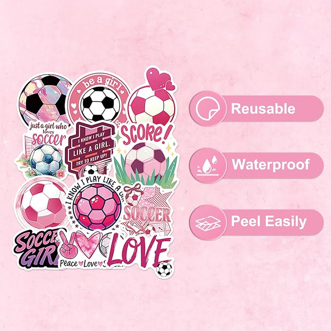 50 Pcs Soccer Stickers for Scrapbooking, Waterproof Vinyl Pink Soccer Stickers for Laptops Water Bottles Journals, Cute Soccer Girlie Decals for Adults Teens Girls