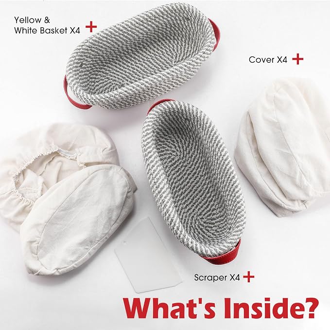 Gejoy 4 Pcs 10 Inch Cotton Rope Banneton Bread Proofing Basket Set Oval Bread Baskets with Liners & Covers Proofing Baskets for Sourdough Baking with 4 Strickle for Home Bakers Wife Mom(Grey, White)