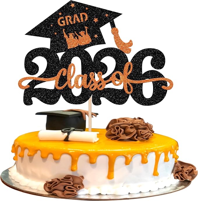 1 Pack Class of 2026 Cake Topper Glitter Congrats Grad Cap 2026 Graduation Cake Pick Decoration for 2026 Graduation Theme High School Graduate Party Cake Decorations Supplies Orange