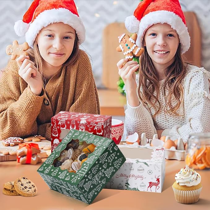 COTOPHER 30Pcs Christmas Cookie Boxes for Gift Giving, 6x6x3 inch Bakery Box with Window, Xmas treat Boxes for Holiday Party Favor Pastries, Cupcakes, Muffins Donuts Chocolate, Gift Wrapping