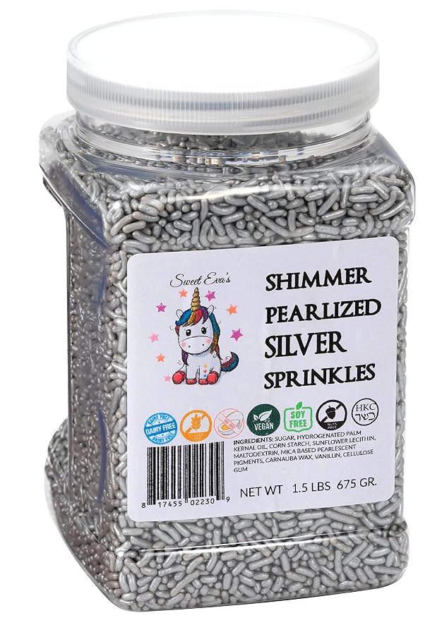 SHIMMER PEARLIZED SILVER SPRINKLES-Dairy Free,Gluten Free,Egg Free,Vegan,Soy Free,Nuts Free,Kosher,Large,Bulk Candy,Cupcake,Cookies And Cake Topper,Jimmies,Baking,Decorating