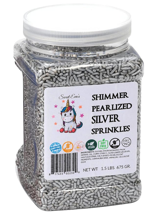 SHIMMER PEARLIZED SILVER SPRINKLES-Dairy Free,Gluten Free,Egg Free,Vegan,Soy Free,Nuts Free,Kosher,Large,Bulk Candy,Cupcake,Cookies And Cake Topper,Jimmies,Baking,Decorating