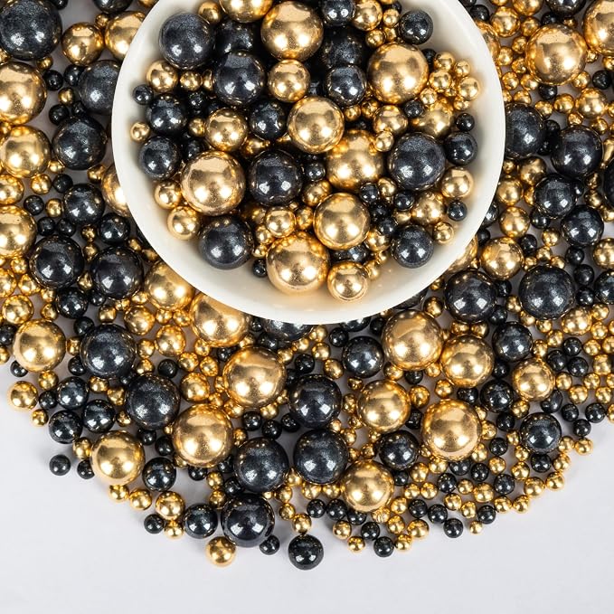 Edible Pearl Sprinkles for Cake Decorating,130g Black and Gold Candy Sprinkle Mixing Size,Baking Pearls Cake Cupcake Toppers,Cookie Donuts Ice Cream Decorations,Wedding Birthday Party Supplies