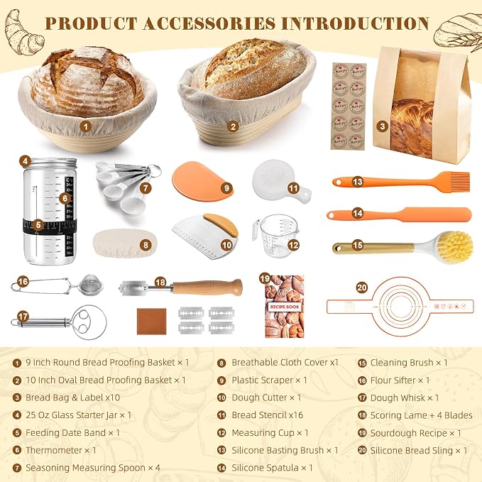 VIMERPA Sourdough Starter Kit, Bread Making Kit with Sourdough Starter Jar for Beginners, Banneton Bread Proofing Basket for Home and Kitchen, Sourdough Bread Baking Supplies, Bread Making Tools Kit