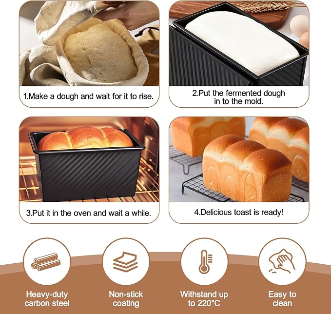 2 Pack Pullman Loaf Pan with Lid, 1 lb Dough Capacity Non-Stick Bakeware for Baking Bread, Carbon Steel Bread Toast Box with Cover, Homemade Sandwich Toast, Black