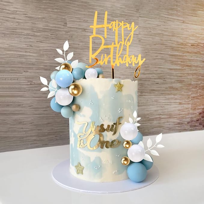 Blue Balls Cake Topper Boho Grass Cake Topper Blue White Gold Pearl Balls Happy Birthday Cake Decorations for Wedding Birthday Boho Themed Supplies (Blue)