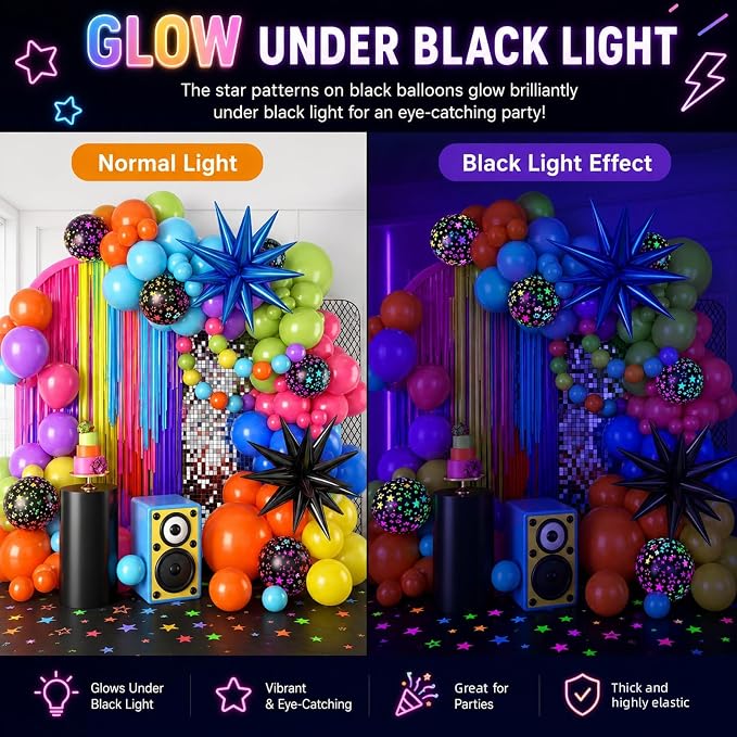 Neon Balloon Arch Kit, 122Pcs Bright Orange Green Blue Hot Pink Yellow Purple Black Rainbow Balloons with Foil Star Balloons for 80s 90s Neon Party Rainbow Birthday Decorations Disco Party Backdrop