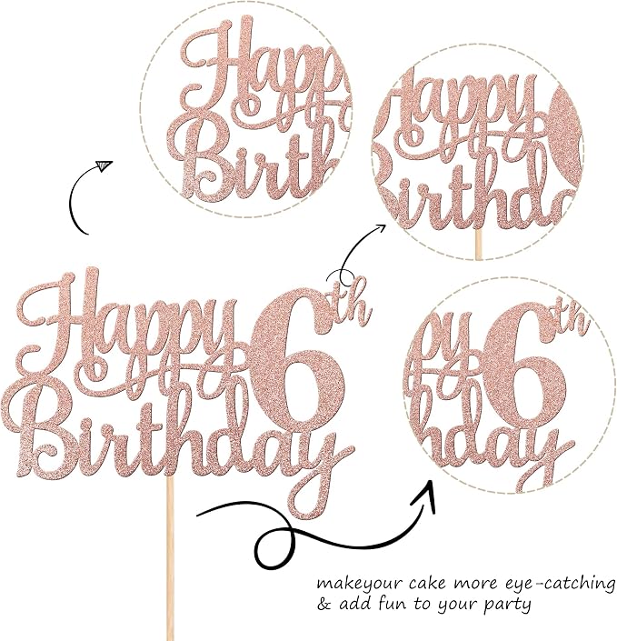 1 PCS Happy 6th Birthday Cake Topper Glitter Cheers to 6 Years Cake Pick Number 6 Fabulous Cake Decoration for 6th Birthday Party Decorations Supplies Rose Gold