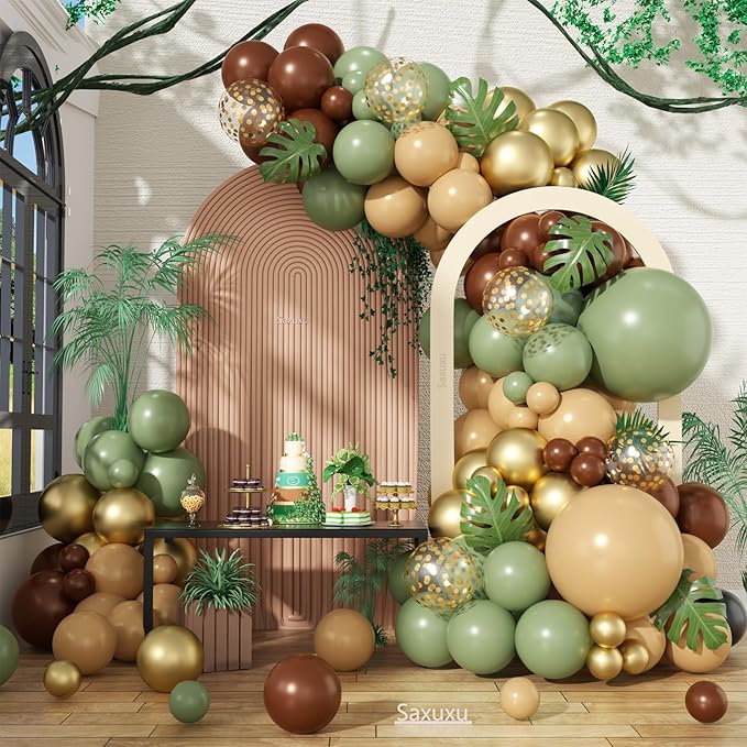 Woodland Balloon Arch Kit, Sage Green Brown Nude Metallic Confetti Gold Deer Foil Balloons with Palm Leaves for Boy Baby Shower Decoration Safari Jungle Birthday Party Gender Reveal