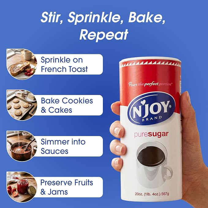 N'Joy Pure Sugar, Pack of 6 Canisters w/ EZ-Open Pour Spout (20 oz each) - Smooth Granulated Sugar for Coffee Bars, Cafes, Restaurants and Canister for Office - Shelf Stable & No Refrigeration Needed