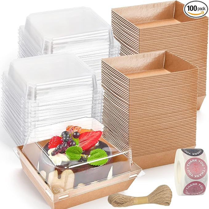 100 Pack Charcuterie Boxes with Clear Lids, 5 Inch Kraft To Go Paper Bakery Box with 500 Stickers, Jute Rope, Brown Disposable Dessert Container for Sandwich, Cookie, Cake Slice